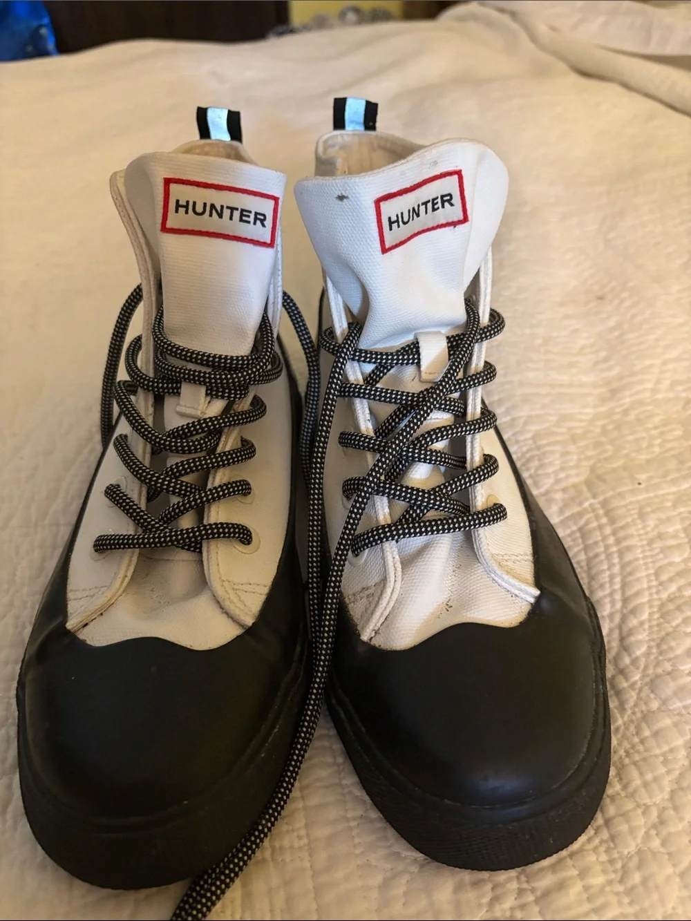 Hunter White Canvas and Black Rubber High-Top Boots